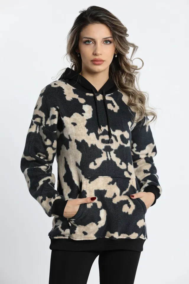 Kadın Kapüşonlu Desenli Polar Sweatshirt Siyah
