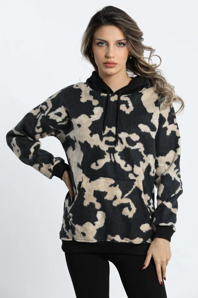 Kadın Kapüşonlu Desenli Polar Sweatshirt Siyah