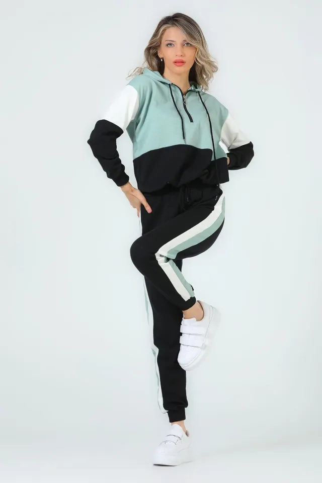 Kadın Kapüşonlu Fermuarlı Renk Bloklu Eşofman Takımı Mint