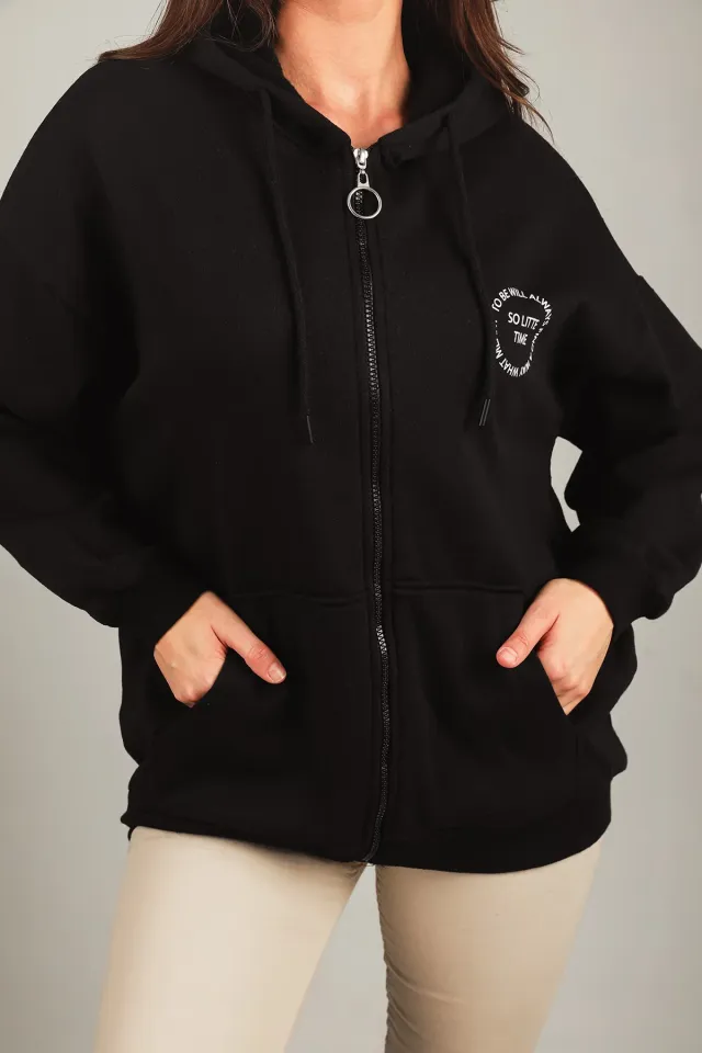 Kadın Kapüşonlu Fermuarlı Şardonlu Sweatshirt Siyah