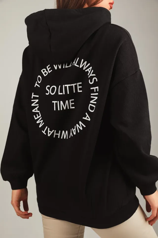 Kadın Kapüşonlu Fermuarlı Şardonlu Sweatshirt Siyah