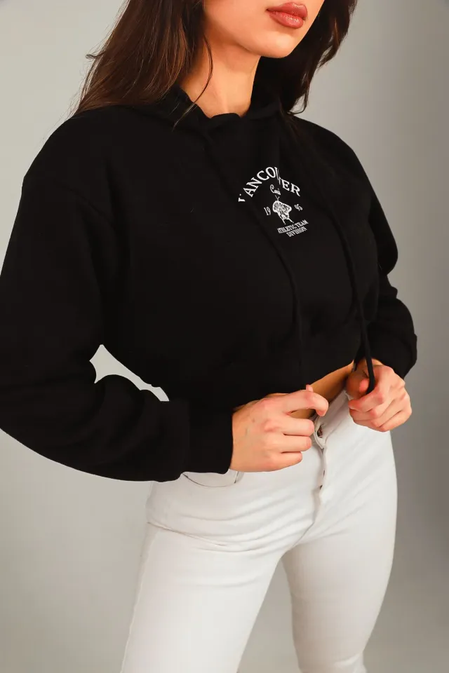 Kadın Kapüşonlu Ön Arka Baskılı Crop Sweatshirt Siyah