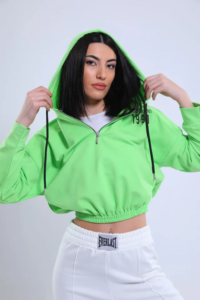 Kadın Kapüşonlu Önü Fermuar Detaylı Sweatshirt Fıstık Yeşili