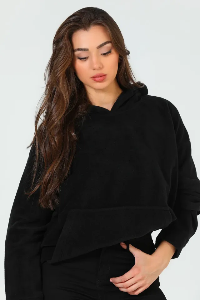 Kadın Kapüşonlu Oversize Polar Sweatshirt Siyah