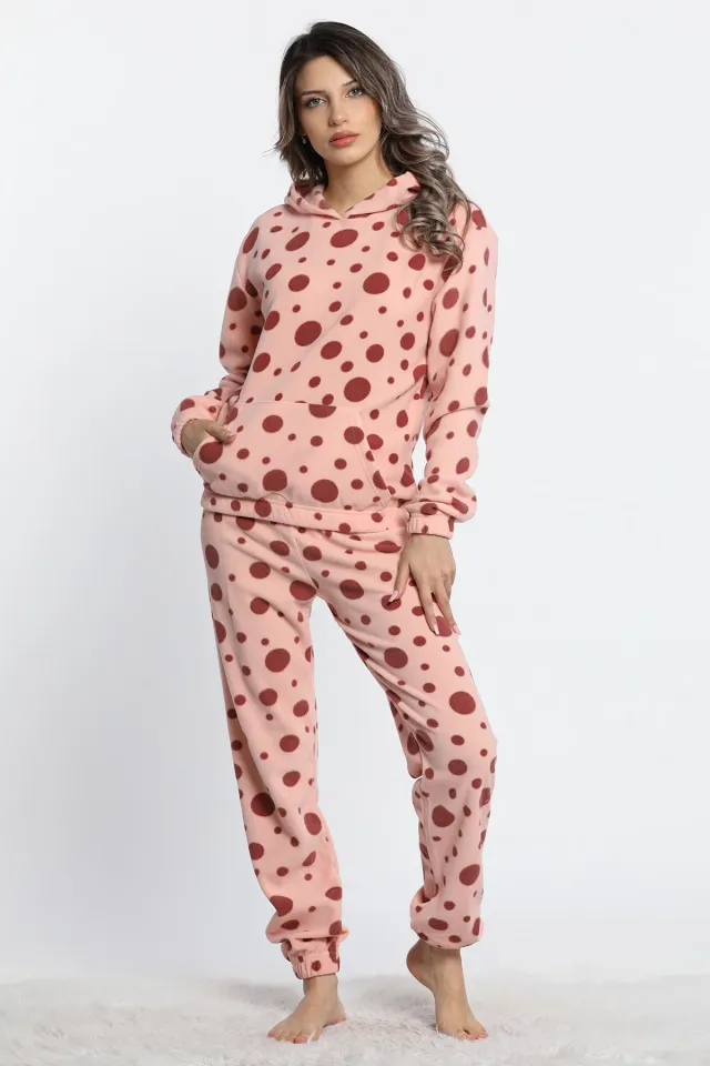 Kadın Kapüşonlu Paça Lastikli Puantiyeli Polar Pijama Takımı Pudra