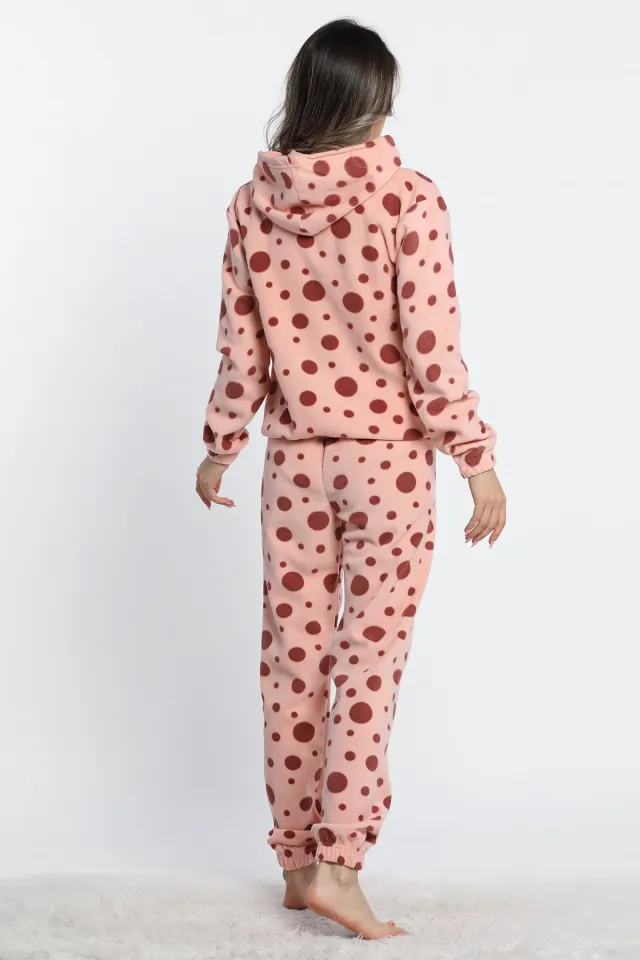 Kadın Kapüşonlu Paça Lastikli Puantiyeli Polar Pijama Takımı Pudra