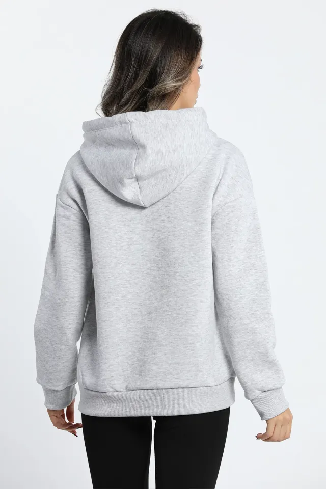 Kadın Kapüşonlu Persons Etiketli Üç İplik Şardonlu Sweatshirt Gri