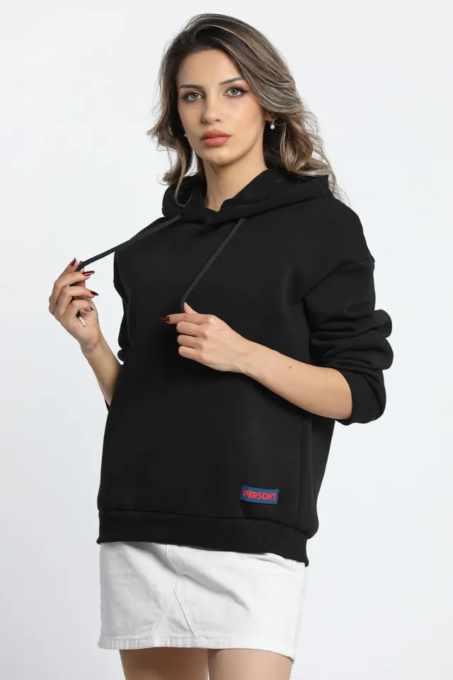 Kadın Kapüşonlu Persons Etiketli Üç İplik Şardonlu Sweatshirt Siyah