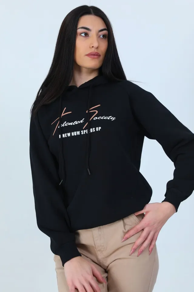 Kadın Kapüşonlu Şardonlu Baskılı Sweatshirt Siyah
