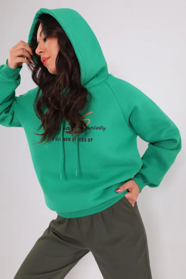 Kadın Kapüşonlu Şardonlu Baskılı Sweatshirt Yeşil