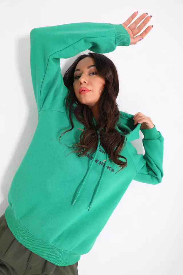 Kadın Kapüşonlu Şardonlu Baskılı Sweatshirt Yeşil