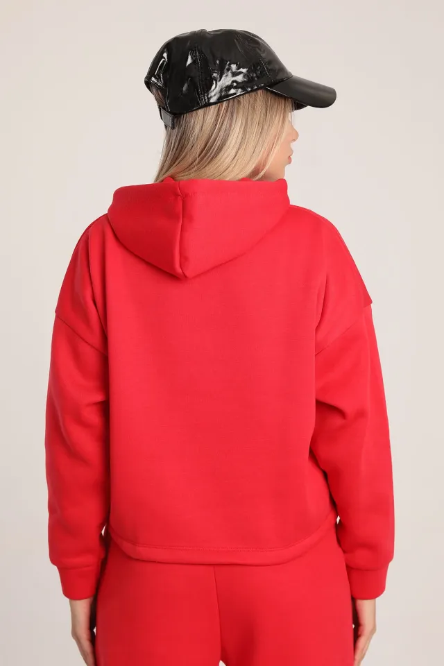 Kadın Kapüşonlu Şardonlu Crop Sweatshirt Kırmızı