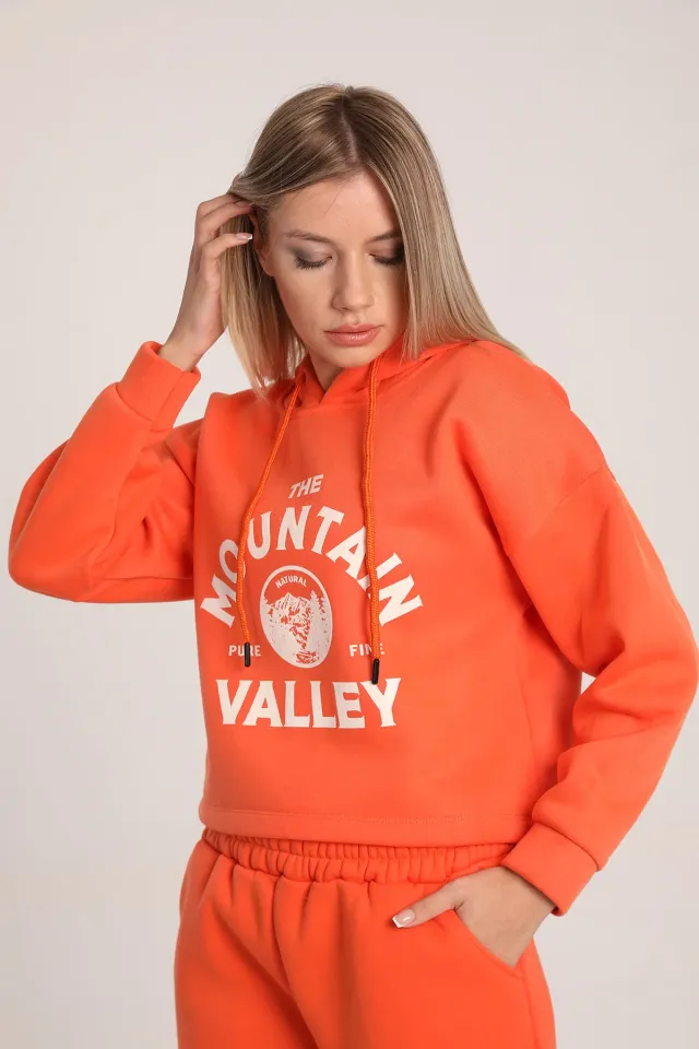 Kadın Kapüşonlu Şardonlu Crop Sweatshirt Orange