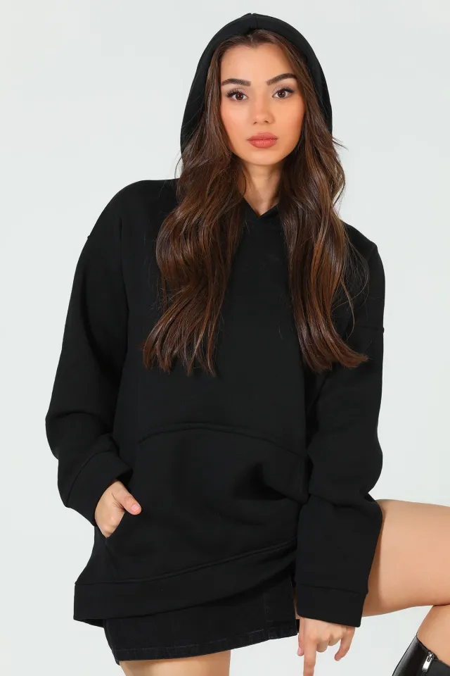 Kadın Kapüşonlu Şardonlu Oversize Sweatshirt Siyah