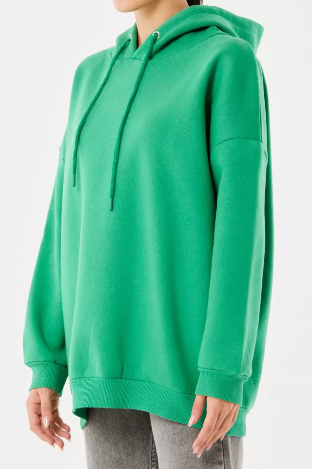 Kadın Kapüşonlu Şardonlu Salaş Sweatshirt Yeşil