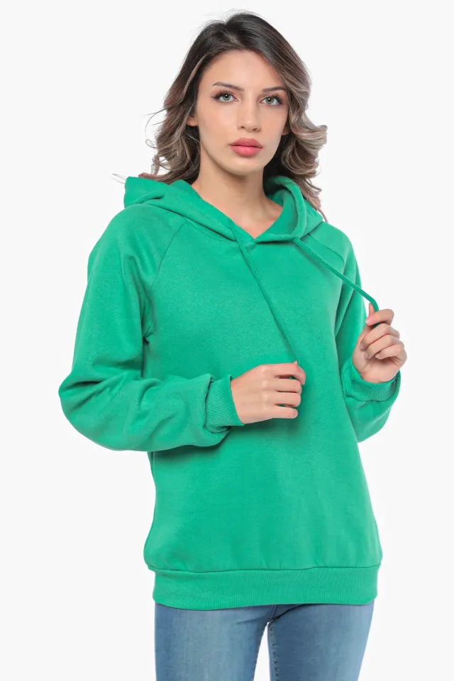 Kadın Kapüşonlu Şardonlu Sweatshırt Yeşil