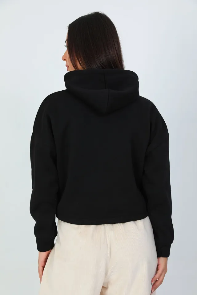 Kadın Kapüşonlu Şardonlu Sweatshirt Siyah