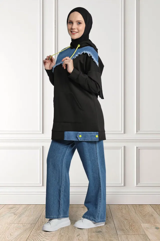 Kadın Kapüşonlu Tunik Jean Kot Pantolon Tesettür İkili Takım Siyah