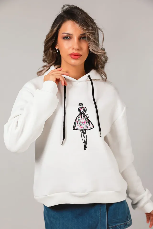 Kadın Kapüşonlu Üç İplik Şardonlu Nakışlı Sweatshirt Krem