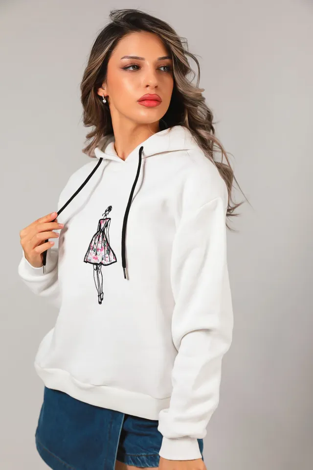 Kadın Kapüşonlu Üç İplik Şardonlu Nakışlı Sweatshirt Krem