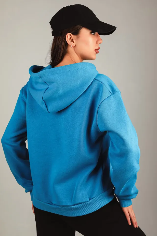 Kadın Kapüşonlu Üç İplik Şardonlu Sweatshirt Mavi