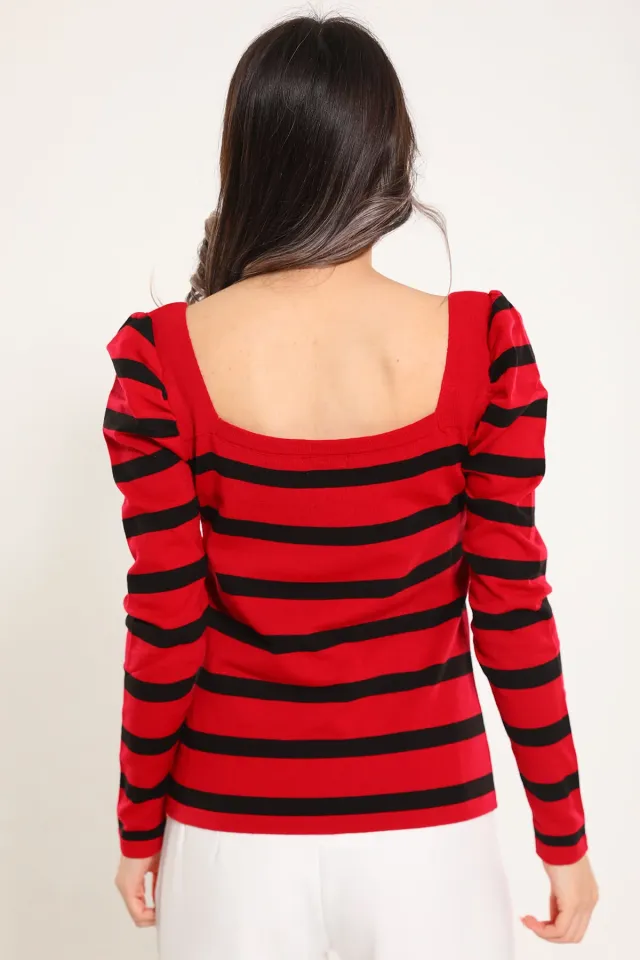 Kadın Kare Yaka Çizgi Desenli Büyük Beden Triko Crop Bluz Kırmızı