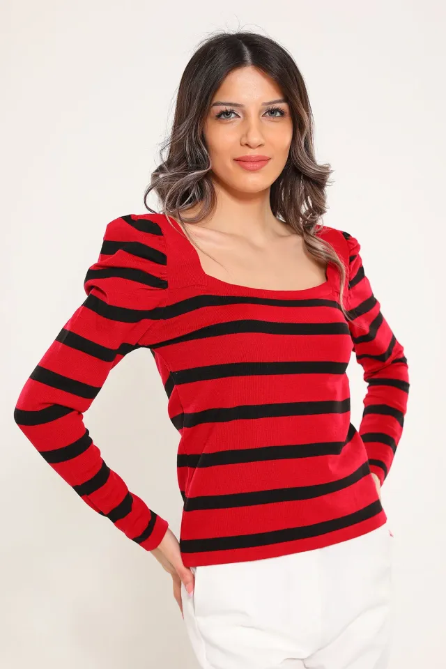 Kadın Kare Yaka Çizgi Desenli Büyük Beden Triko Crop Bluz Kırmızı