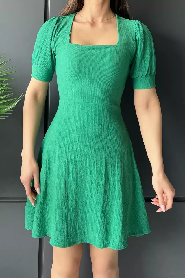 Kadın Kare Yaka Likralı Elbise Yeşil