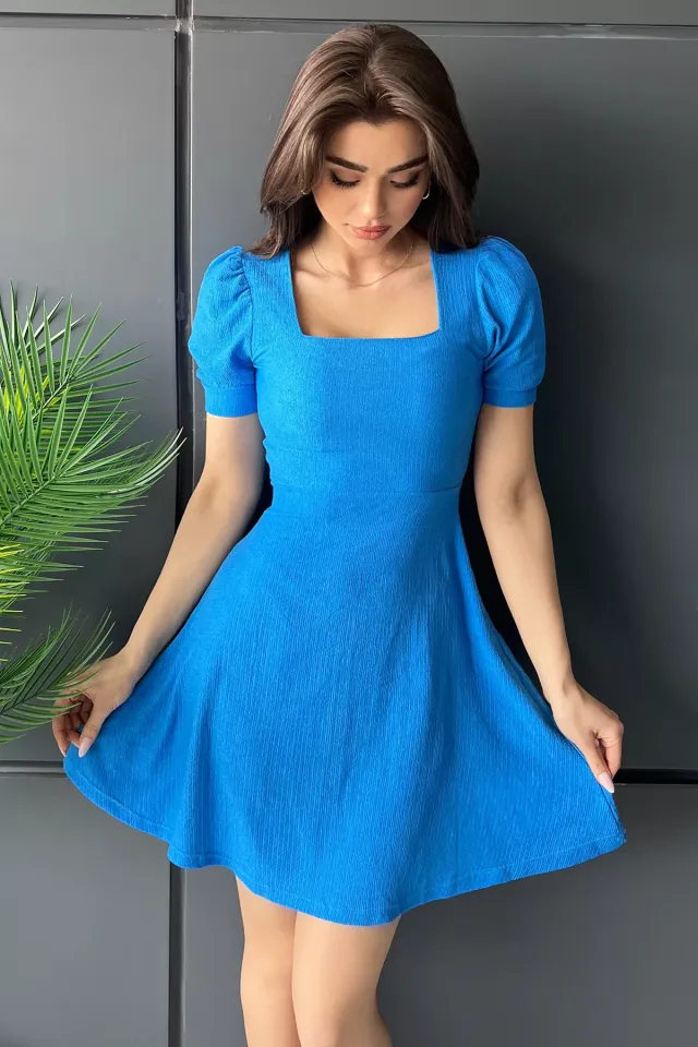 Kadın Kare Yaka Likralı Elbise Mavi