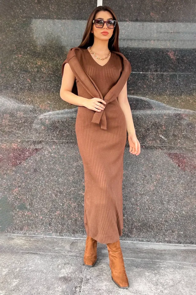 Kadın Kazak Elbise Triko İkili Takım Kahve