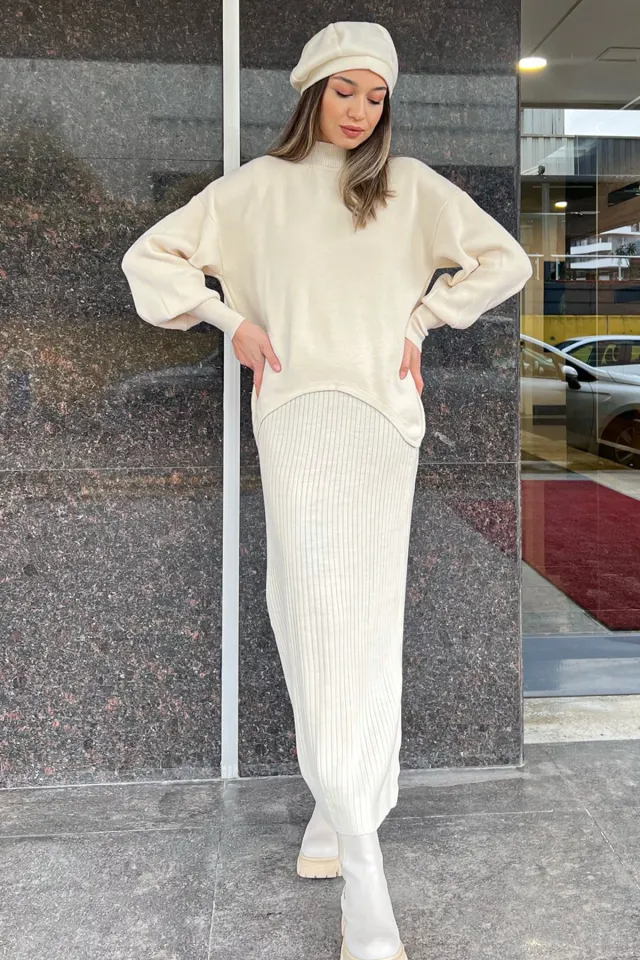 Kadın Kazak Elbise Triko İkili Takım Taş