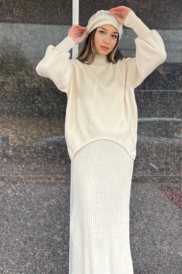 Kadın Kazak Elbise Triko İkili Takım Taş