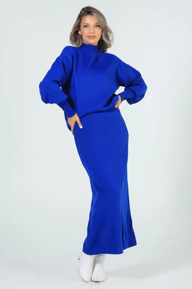Kadın Kazak Elbise Triko İkili Takım Saksmavisi