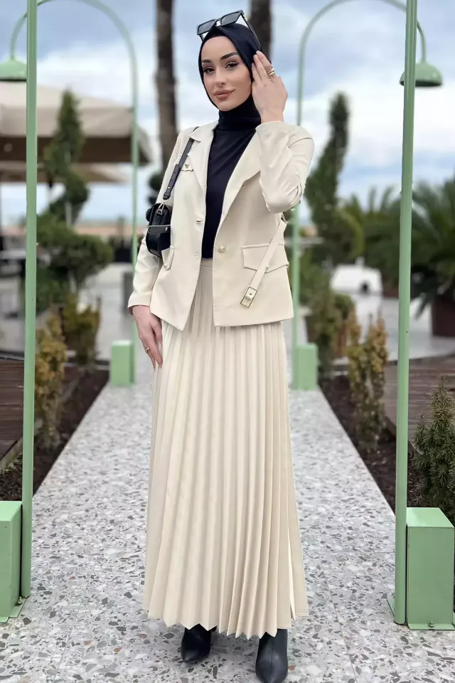 Kadın Kemer Aksesuarlı Blazer Ceket Etek Tesettür İkili Takım Bej