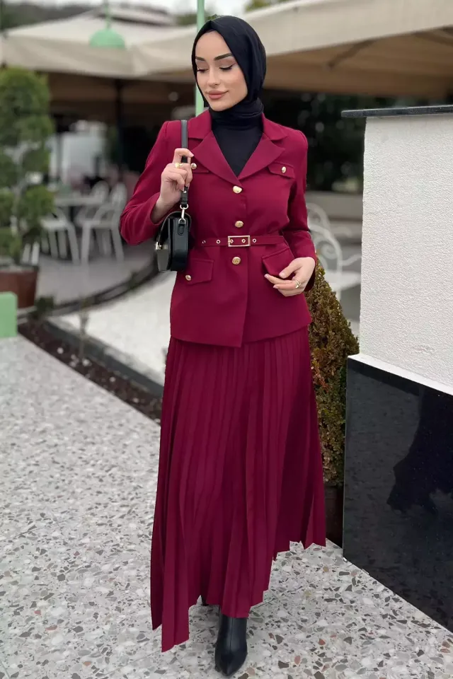 Kadın Kemer Aksesuarlı Blazer Ceket Etek Tesettür İkili Takım Bordo