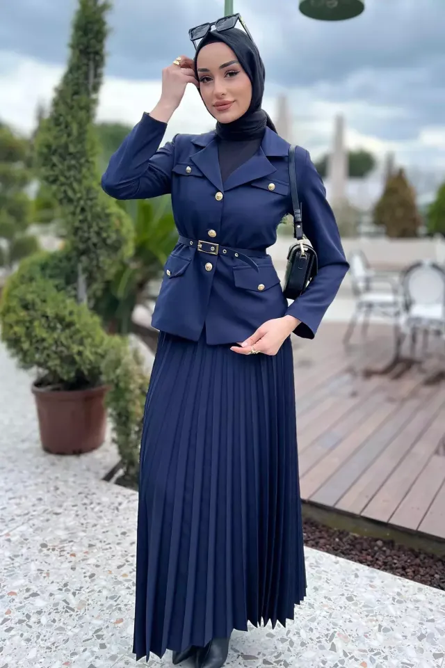 Kadın Kemer Aksesuarlı Blazer Ceket Etek Tesettür İkili Takım Lacivert