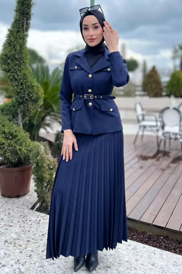Kadın Kemer Aksesuarlı Blazer Ceket Etek Tesettür İkili Takım Lacivert