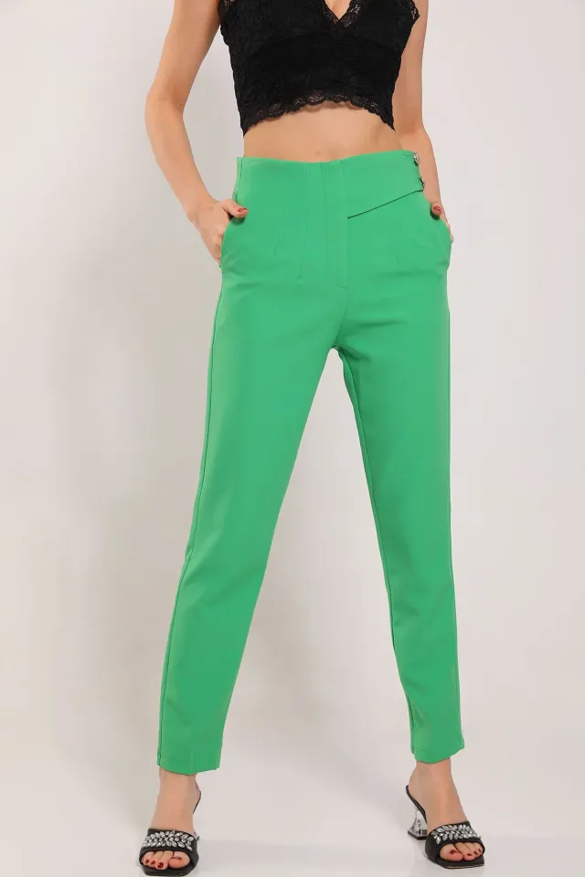 Kadın Kemer Düğmeli Pantolon Yeşil