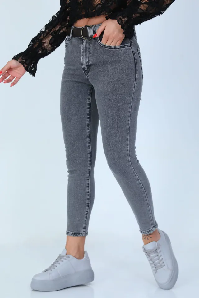 Kadın Kemerli Likralı Dar Paça Jeans Pantolon Antrasit