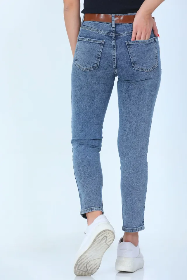 Kadın Kemerli Likralı Dar Paça Jeans Pantolon Mavi