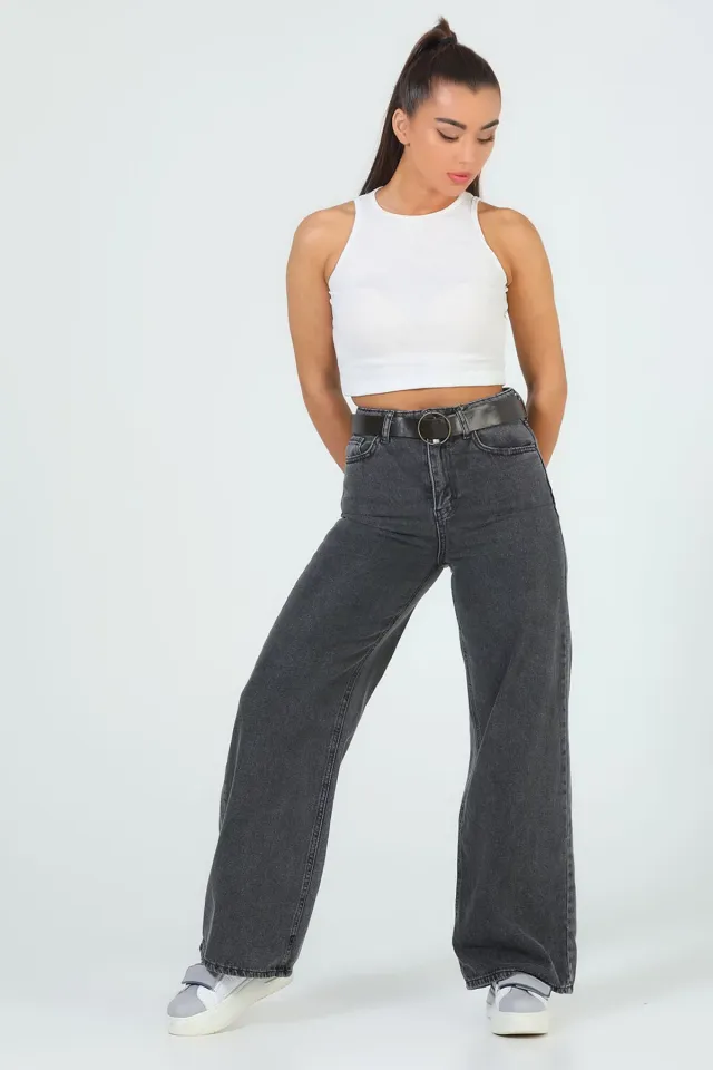 Kadın Kemerli Salaş Düz Retro Jeans Pantolon Antrasit