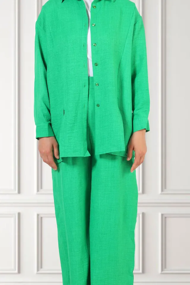 Kadın Kendinden Desenli Tesettür Gömlek Pantolon İkili Takım Yeşil