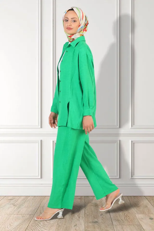 Kadın Kendinden Desenli Tesettür Gömlek Pantolon İkili Takım Yeşil
