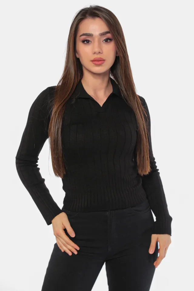 Kadın Kendinden Desenli Triko Bluz Siyah