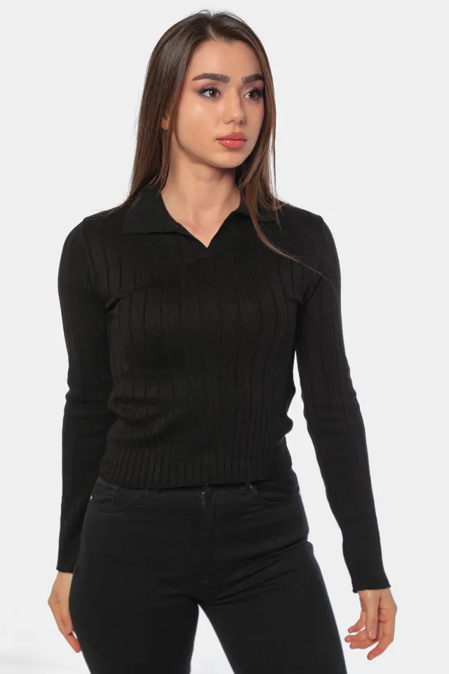 Kadın Kendinden Desenli Triko Bluz Siyah
