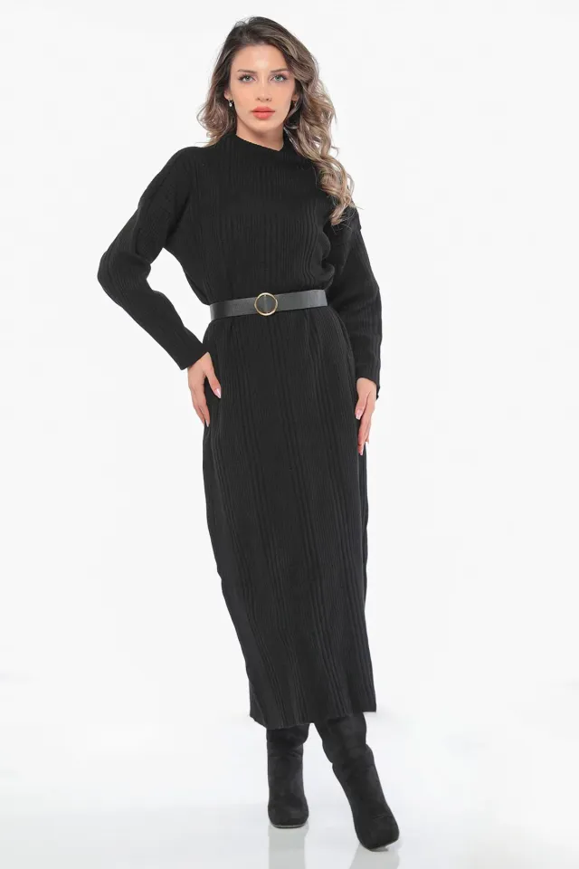 Kadın Kendinden Desenli Triko Elbise Siyah
