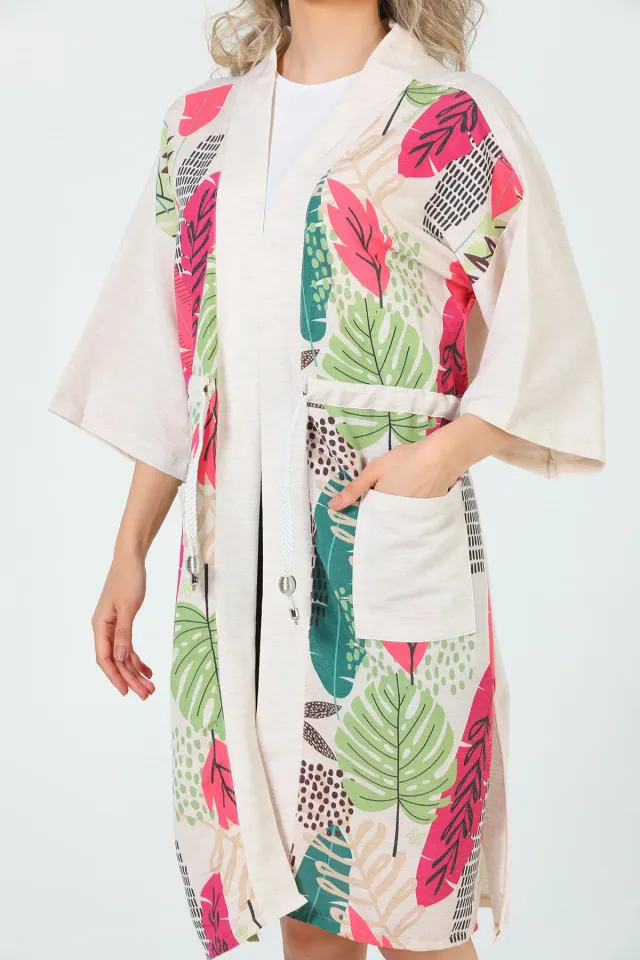 Kadın Keten Bel Büzgülü Ön Desenli Arkası Düz Kimono Krem Çiçekli