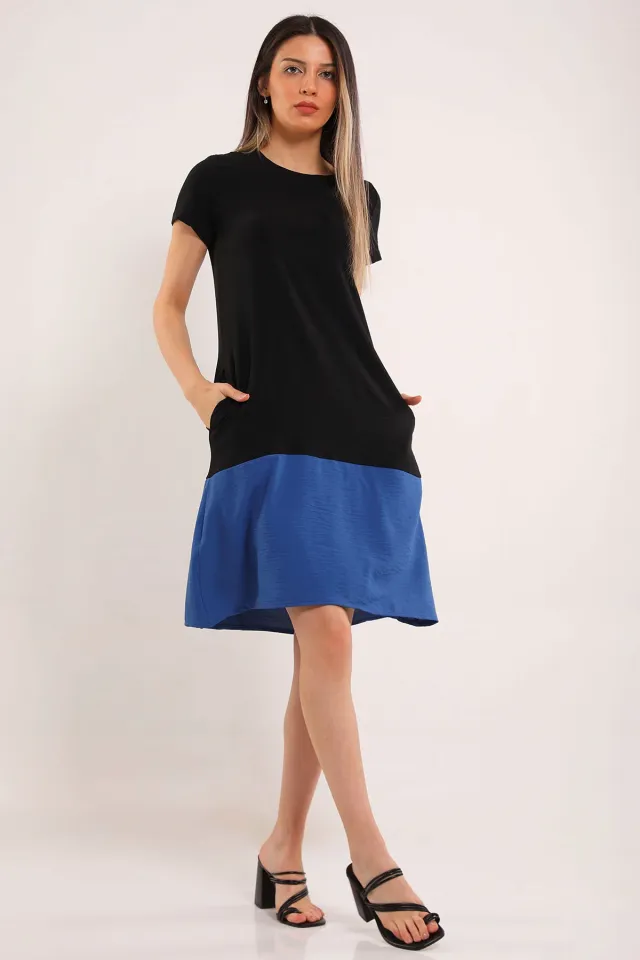 Kadın Kısa Kollu Çift Renkli Elbise Siyahmavi