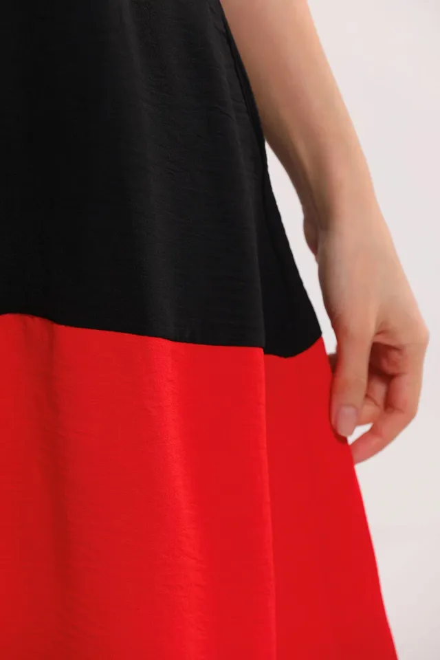 Kadın Kısa Kollu Çift Renkli Elbise Siyahkırmızı