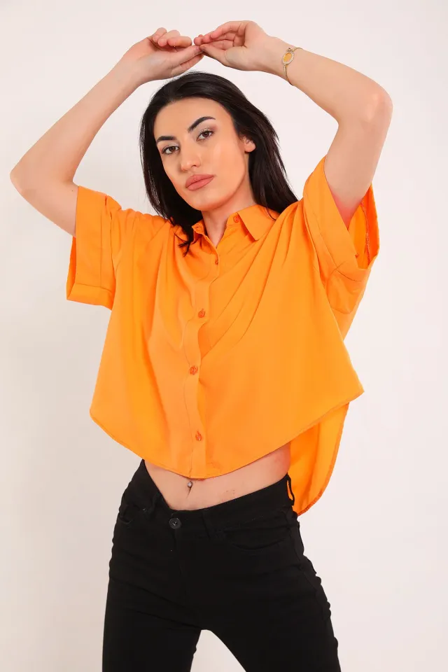 Kadın Kısa Kollu Salaş Crop Gömlek Orange
